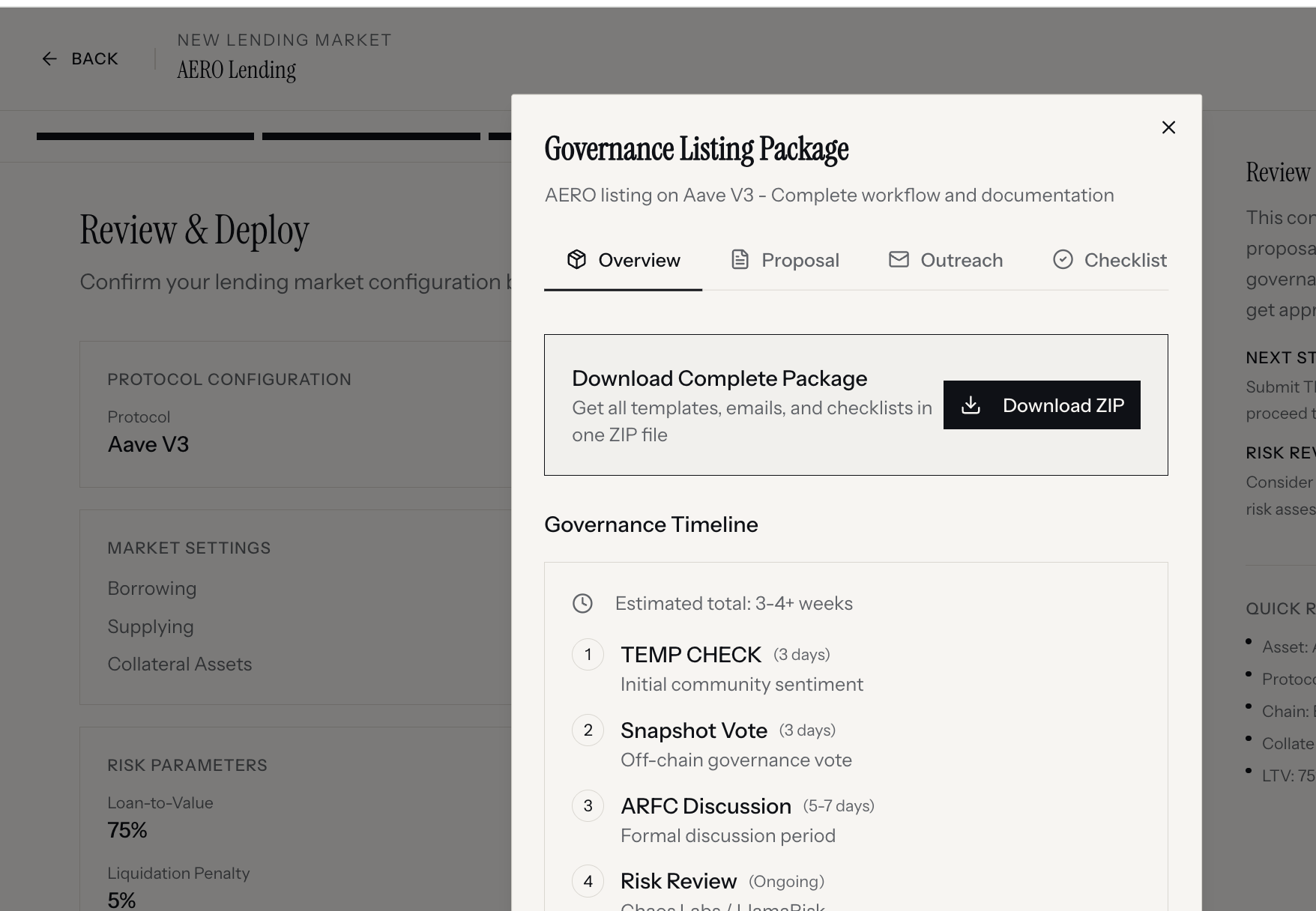 Issuance Studio governance listing package with proposal, outreach, checklist, and timeline