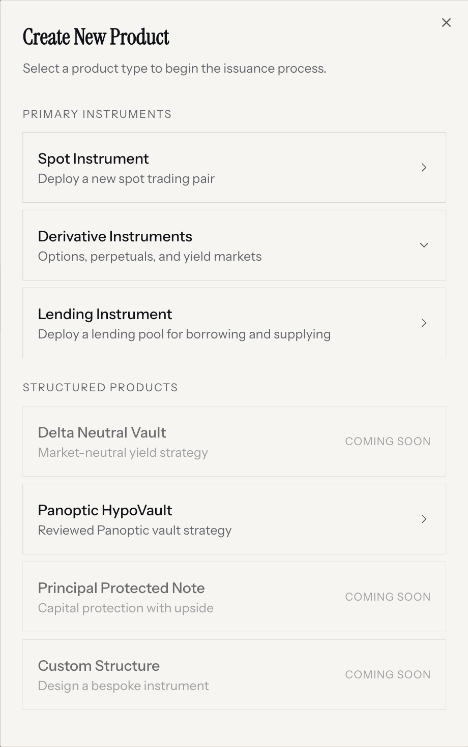 Issuance Studio product selector with spot, derivative, lending, and structured instruments