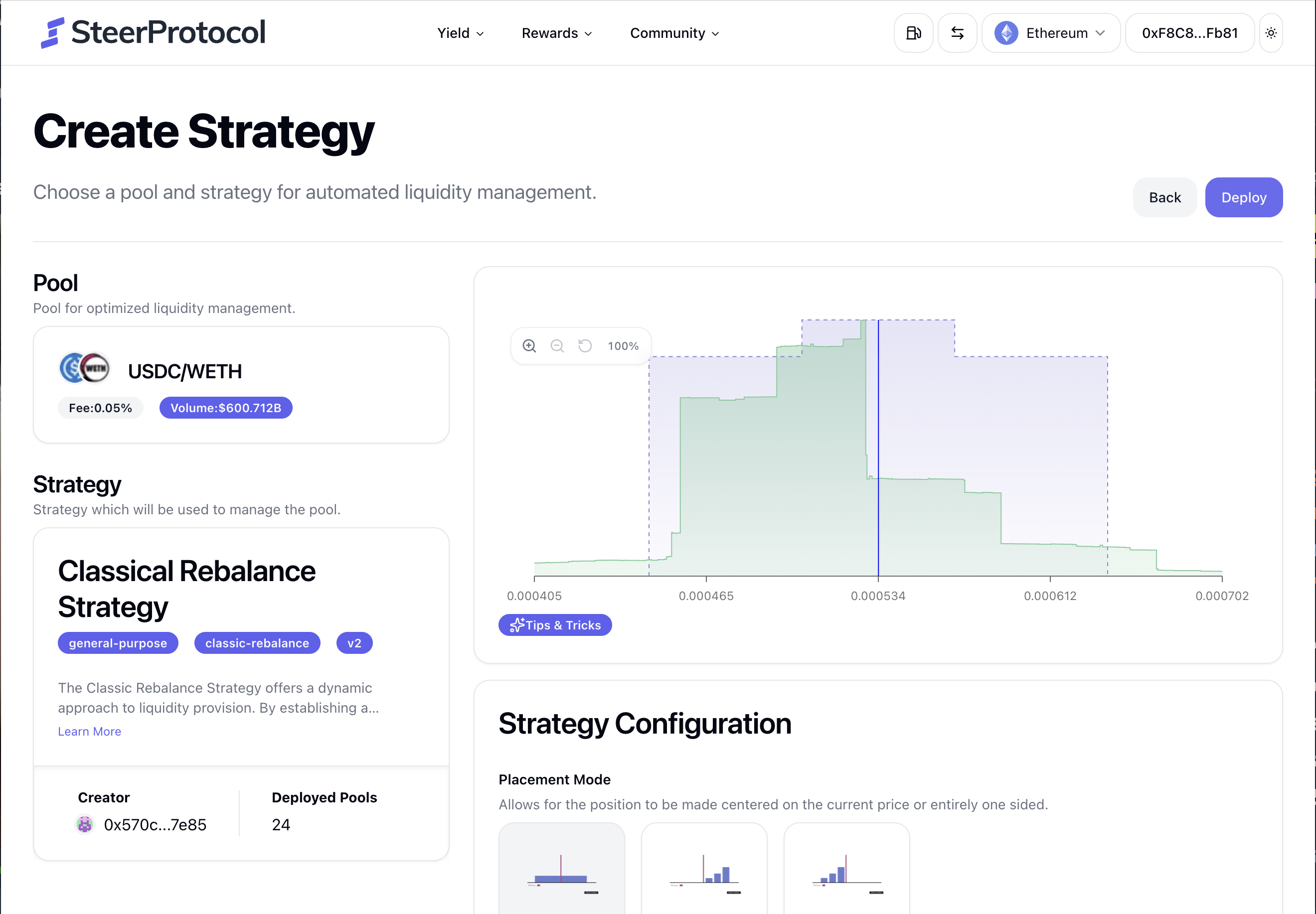 Steer ALM strategy deployment interface with pool selection, strategy details, liquidity preview, and configuration