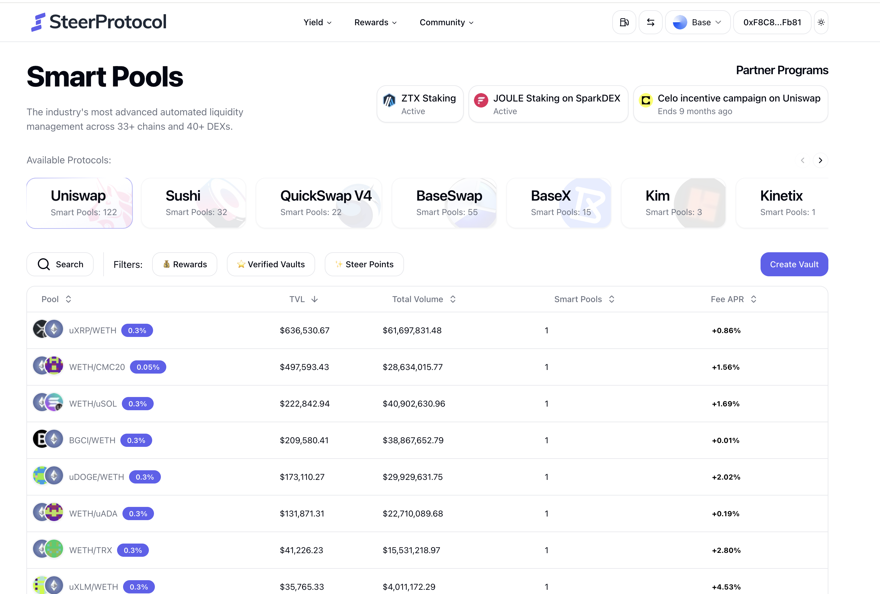 Steer Smart Pools market explorer with supported protocols, partner programs, and live pool metrics
